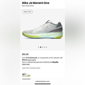 Nike Ja Morant One Boys' Sneakers - Light Silver and Cyber Green, size 6Y